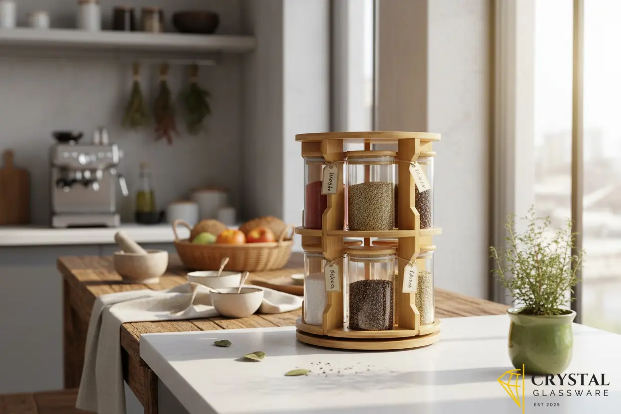 Spice storage 360° rotating bamboo rack and 10 borosilicate glass jars